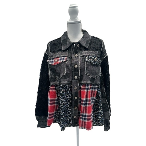 POL Crochet Knit Boho Jacket Retro Floral Farmhouse Plaid Patchwork Size L - Picture 3 of 11